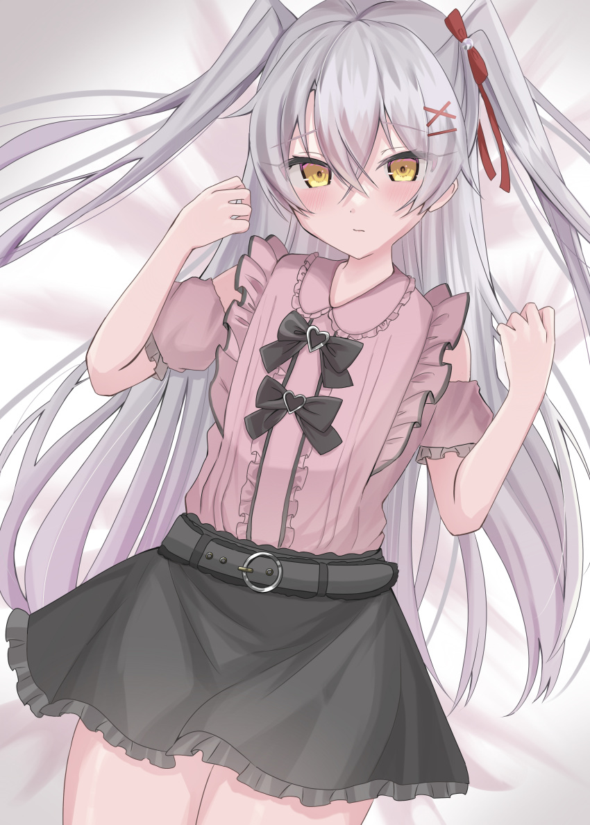 1girl absurdres alternate_costume amatsukaze_(kancolle) bangs bed_sheet black_skirt blush bow closed_mouth commentary_request crossed_bangs frilled_shirt frills grey_hair hair_between_eyes hair_ornament hair_ribbon hairclip highres kantai_collection long_hair lying on_back red_ribbon ribbon shirt skirt solo two_side_up very_long_hair yellow_eyes yoshino_(mfmfpng)