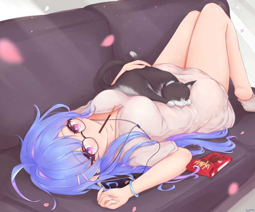 1girl absurdres animal_on_stomach azur_lane bespectacled black_cat blue_hair breasts brown-framed_eyewear cat cellphone couch dress food glasses helena_(azur_lane) highres kyl490 looking_at_viewer lying medium_breasts multicolored_hair on_back petals phone pocky purple_hair short_sleeves smartphone solo streaked_hair two-tone_hair white_dress