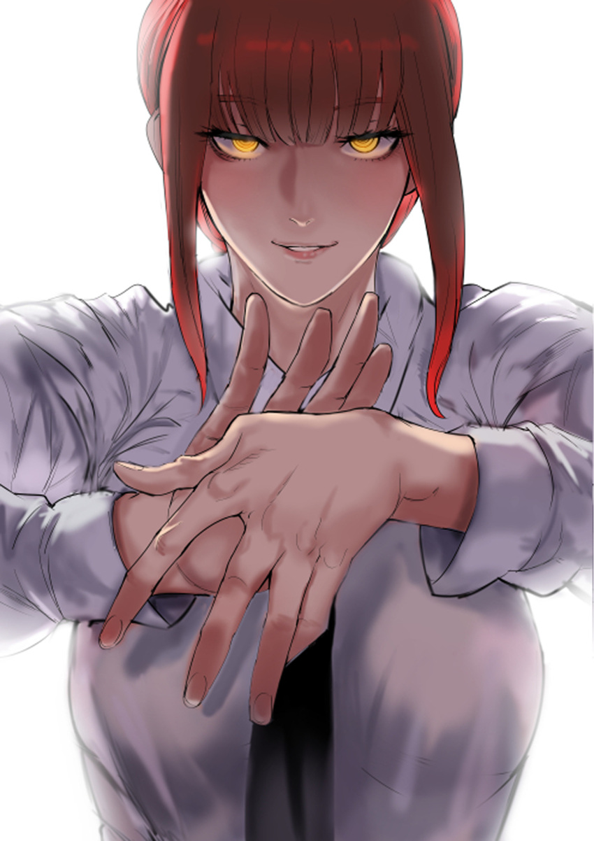 1girl bangs black_necktie blunt_bangs breasts chainsaw_man eyebrows_visible_through_hair furiouzly hands_up highres large_breasts long_sleeves looking_at_viewer makima_(chainsaw_man) medium_hair necktie redhead ringed_eyes shirt simple_background smile solo upper_body white_background white_shirt yellow_eyes