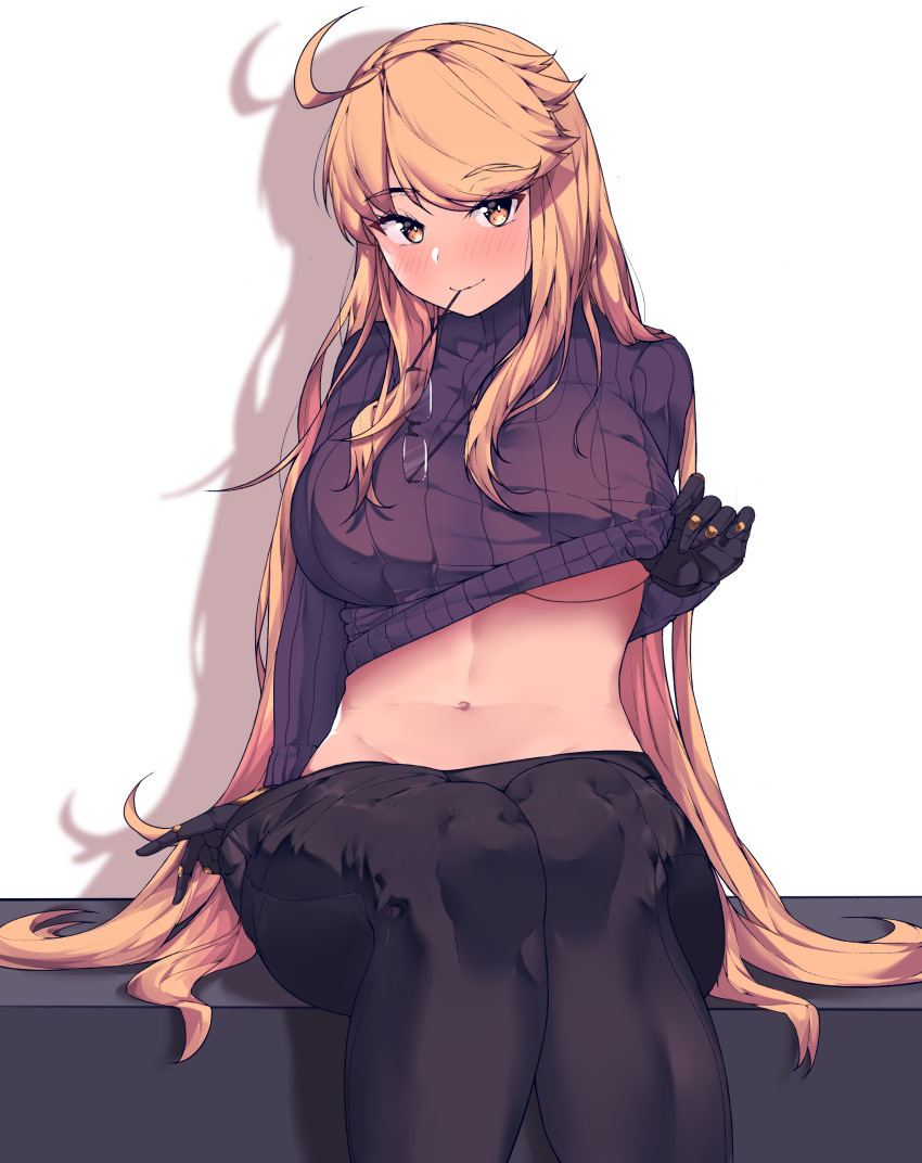 1girl absurdres alma_armas bangs black_gloves black_pants blonde_hair blush breasts closed_mouth clothes_lift eyebrows_visible_through_hair feet_out_of_frame girls_frontline gloves highres kaicchi large_breasts long_hair looking_at_viewer navel no_bra pants purple_sweater sitting smile solo sweater sweater_lift va-11_hall-a white_background yellow_eyes
