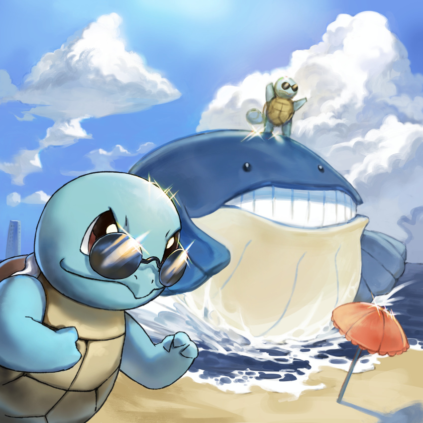 beach_umbrella brown_eyes closed_mouth clouds commentary_request day glint highres level-00 no_humans outdoors pokemon pokemon_(creature) sand shore sky smile sparkle squirtle standing sunglasses umbrella wailmer water