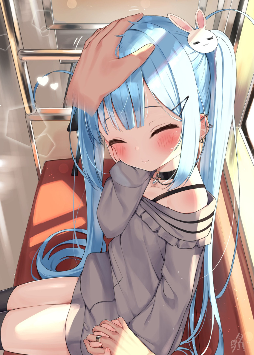 1girl bangs black_legwear blue_hair blush bunny_hair_ornament closed_eyes closed_mouth disembodied_limb ear_piercing eyebrows_visible_through_hair facing_viewer grey_shirt hair_ornament hairclip hand_up headpat heart highres holding_hands interlocked_fingers long_hair long_sleeves off_shoulder original parted_lips piercing shirt signature sitting sleeves_past_wrists solo_focus thigh-highs train_interior tsukiman twintails very_long_hair