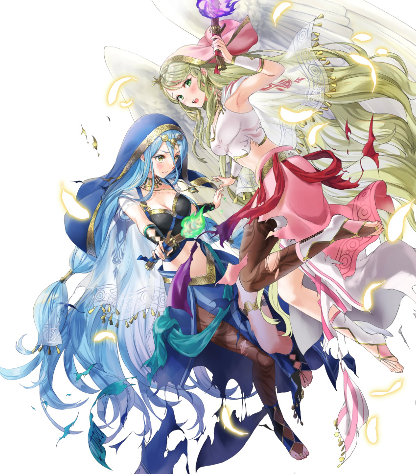 2girls azura_(fire_emblem) bangs blonde_hair blue_eyes breasts capelet detached_collar dress feathered_wings fire fire_emblem fire_emblem:_radiant_dawn fire_emblem_fates fire_emblem_heroes full_body gold_trim green_eyes habit highres holding jewelry kaya8 lene_(fire_emblem) long_hair medium_breasts midriff multiple_girls navel necklace non-web_source official_art pantyhose see-through stomach toes torch transparent_background very_long_hair wings yellow_eyes
