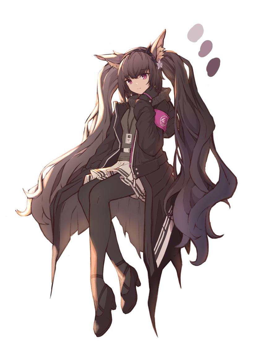 1girl animal_ear_fluff animal_ears arknights armband bangs black_footwear black_hair black_jacket black_legwear character_request closed_mouth color_guide commentary_request eyebrows_visible_through_hair full_body fur-trimmed_jacket fur_trim grey_sweater hair_between_eyes hand_up high_heels highres jacket long_hair long_sleeves looking_at_viewer moschi_(arknights) open_clothes open_jacket pantyhose pleated_skirt shoes simple_background skirt sleeves_past_wrists solo sweater turtleneck turtleneck_sweater twintails very_long_hair violet_eyes white_background white_skirt xx