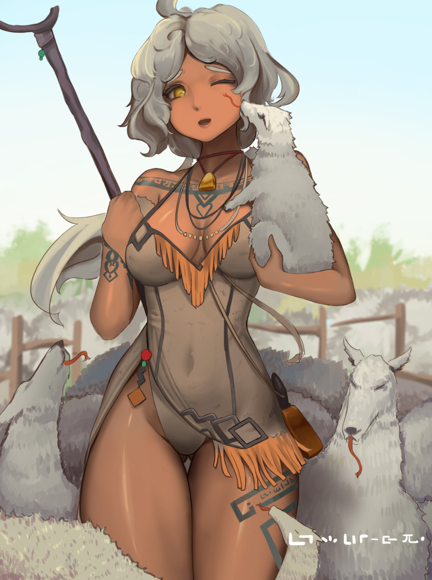 1girl absurdres ahoge alternate_eye_color animal arm_tattoo blurry charm_(object) cowboy_shot dark-skinned_female dark_skin day depth_of_field dress dumi_(liangzi_tai_hongcha) fantasy fence forked_tongue fringe_trim geometric_pattern grey_dress grey_hair grey_leotard highres holding holding_animal holding_staff jewelry language_request leg_tattoo leotard liangzi_tai_hongcha licking licking_another's_cheek licking_another's_face lips long_tongue low_ponytail multiple_necklaces narrow_waist navel necklace off-shoulder_dress off_shoulder one_eye_closed open_mouth original outdoors runes shepherd shoulder_tattoo side_slit solo staff strap tattoo thigh_gap thighs tongue translation_request yellow_eyes