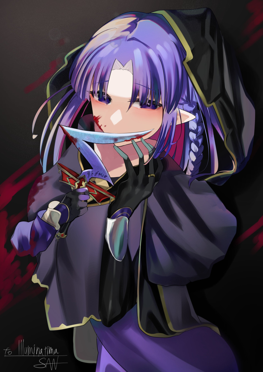 1girl absurdres black_gloves blood blood_on_face blood_on_knife braid commentary_request dress fate/grand_order fate/stay_night fate_(series) gloves highres holding holding_knife hood hood_up knife looking_at_viewer medea_(fate) parted_lips purple_dress purple_hair rulebreaker san_(harutuki_3) side_braid signature solo violet_eyes