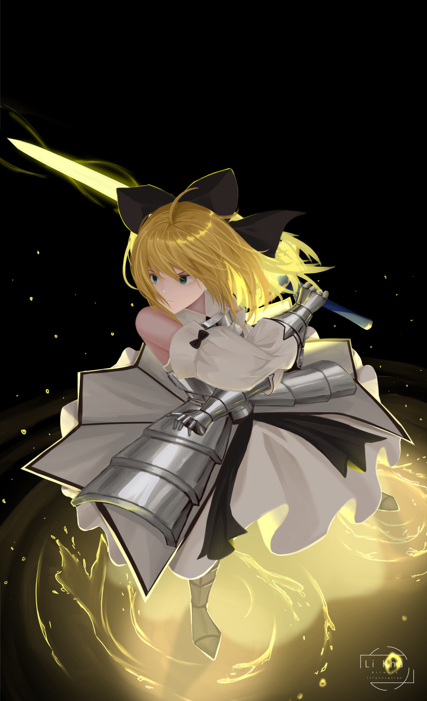 1girl artoria_pendragon_(all) black_bow blonde_hair bow breastplate caliburn dress eyebrows_visible_through_hair fate/grand_order fate/unlimited_codes fate_(series) faulds floating_hair gauntlets green_eyes hair_between_eyes hair_bow highres li_kha long_hair looking_at_viewer outdoors petals ponytail saber_lily signature sleeveless sleeveless_dress solo standing sword weapon white_dress