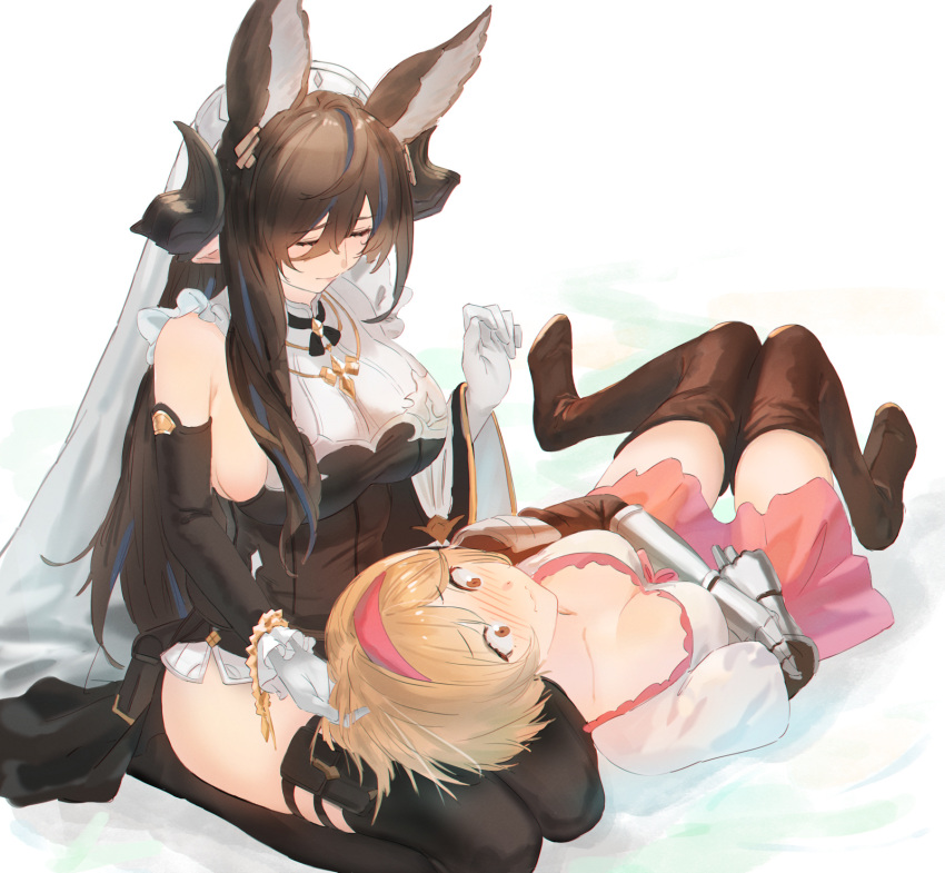 2girls animal_ears bangs bare_shoulders black_dress blush boots breasts brown_hair closed_eyes detached_sleeves djeeta_(granblue_fantasy) dress extra_ears eyebrows_visible_through_hair fishofthelakes galleon_(granblue_fantasy) gloves granblue_fantasy highres horns lap_pillow large_breasts long_hair multicolored_hair multiple_girls pointy_ears sideboob streaked_hair thigh-highs thigh_boots very_long_hair white_gloves yuri