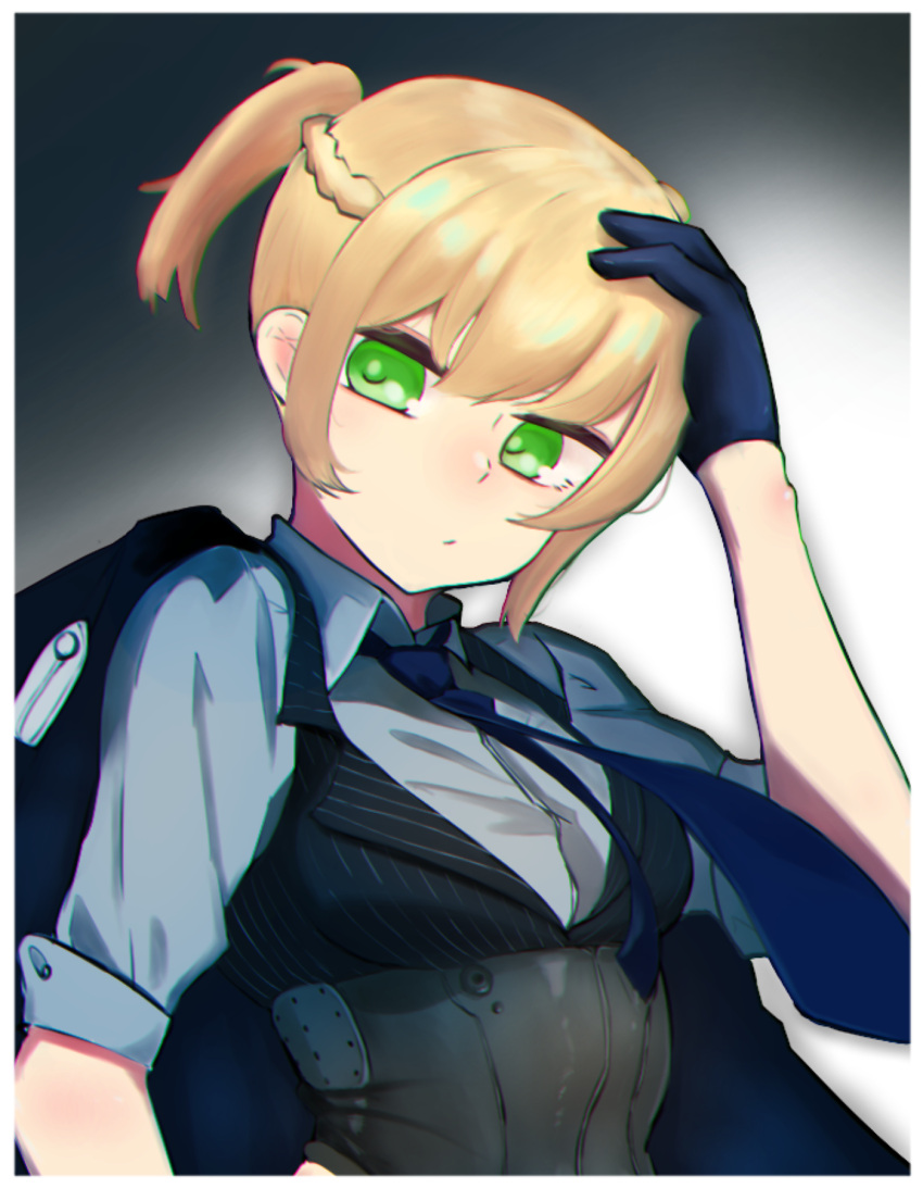 1girl bangs black_gloves blonde_hair blue_necktie braid check_commentary collared_shirt commentary commentary_request corset girls_frontline gloves green_eyes hand_on_own_head highres looking_at_viewer necktie palaiva_0118 shirt short_hair solo striped striped_vest twintails upper_body vest welrod_mkii_(girls'_frontline)
