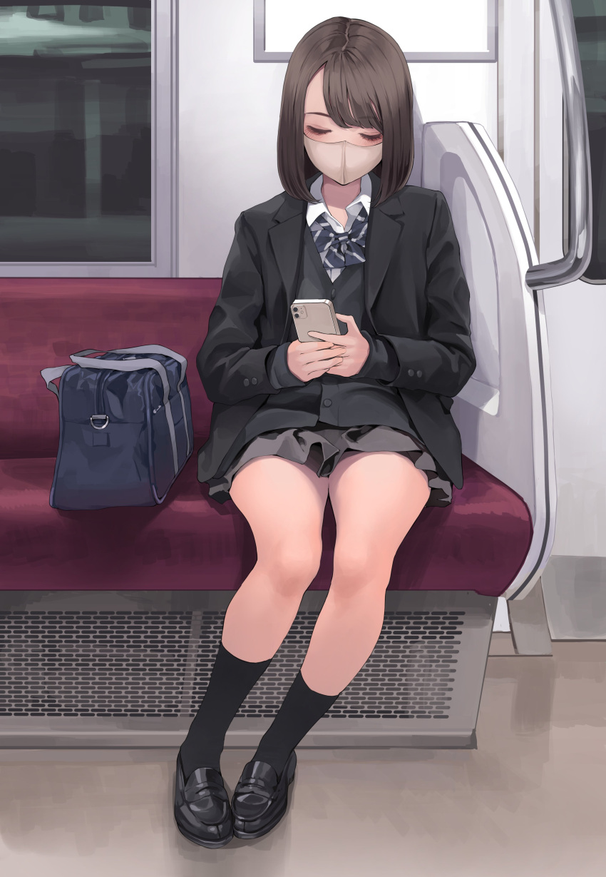 1girl absurdres bag black_footwear black_legwear black_suit blue_bow bow brown_hair cellphone closed_eyes eyebrows_visible_through_hair formal grey_skirt highres holding holding_phone koh_(minagi_kou) mask medium_hair mouth_mask original phone school_bag sitting skirt solo striped striped_bow suit train_interior