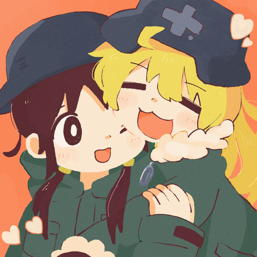 2girls 3; =_= ahoge bangs black_eyes black_hair black_headwear blonde_hair blush_stickers breast_pocket bright_pupils brodie_helmet chito_(shoujo_shuumatsu_ryokou) close-up closed_eyes dot_nose eyebrows_visible_through_hair facing_viewer fur_trim hair_between_eyes hand_on_another's_arm hand_up heads_together heart helmet highres hishimatope hood hood_down long_hair long_sleeves looking_at_another looking_to_the_side low_twintails military military_uniform multiple_girls no_lineart one_eye_closed open_mouth orange_background outstretched_arm pocket shoujo_shuumatsu_ryokou simple_background sleeves_past_wrists smile stahlhelm tareme twintails uniform upper_body white_pupils yuuri_(shoujo_shuumatsu_ryokou)