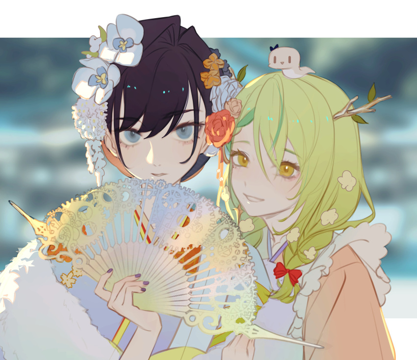 2girls absurdres animal_on_head antlers bangs black_hair blue_eyes bow braid branch ceres_fauna flower folding_fan green_hair grey_nails hair_bow hair_flower hair_ornament hand_fan highres holding holding_fan hololive hololive_english japanese_clothes kimono looking_at_viewer multiple_girls nail_polish on_head ouro_kronii red_bow ryuko_lee short_hair smile snake symbol-only_commentary twin_braids upper_body virtual_youtuber yellow_eyes