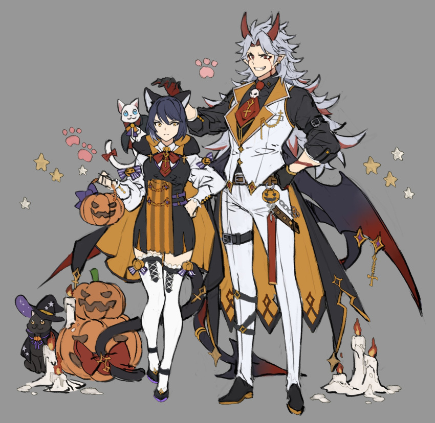 1boy 1girl alternate_costume animal animal_ears arataki_itto belt black_gloves black_hair candle cape cat cat_ears cat_tail closed_mouth cross facepaint genshin_impact gloves grey_background grey_hair grin halloween halloween_bucket halloween_costume hand_on_hip hat highres jack-o'-lantern kujou_sara long_hair long_sleeves multicolored_hair pants papajay_(jennygin2) paw_print pointy_ears red_eyes redhead shirt short_hair simple_background smile star_(symbol) symbol-only_commentary tail thigh-highs thigh_strap vest white_legwear wings witch_hat yellow_eyes