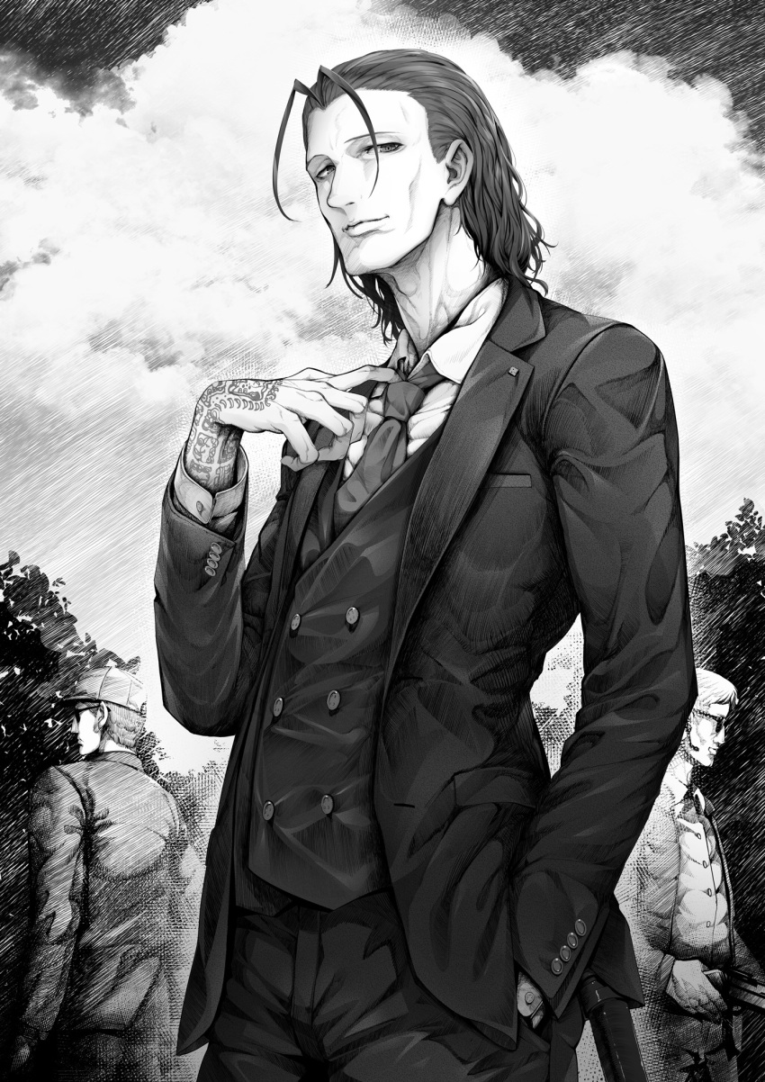 3boys antenna_hair clouds cowboy_shot formal greyscale gun hand_in_pocket highres holding holding_gun holding_weapon looking_at_viewer migiwa_youichirou monochrome multiple_boys necktie novel_illustration official_art outdoors shirakaba smile suit sunglasses tattoo tree urasekai_picnic weapon