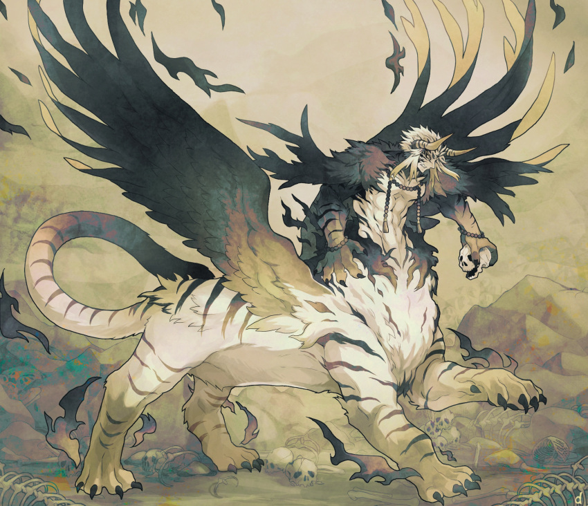 1boy abs angry animal_hands bead_bracelet bead_necklace beads bone bracelet centauroid claws doshaburi_(kushira) fire fur furious highres holding holding_skull horns jewelry male_focus monster_boy necklace original qiongqi skull tail taur tiger tiger_stripes white_eyes white_hair wings