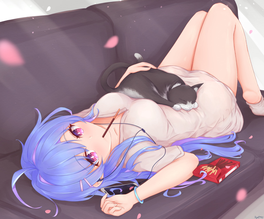 1girl absurdres animal_on_stomach azur_lane black_cat blue_hair breasts cat cellphone couch dress food helena_(azur_lane) highres kyl490 looking_at_viewer lying medium_breasts multicolored_hair on_back petals phone pocky purple_hair short_sleeves smartphone solo streaked_hair two-tone_hair white_dress