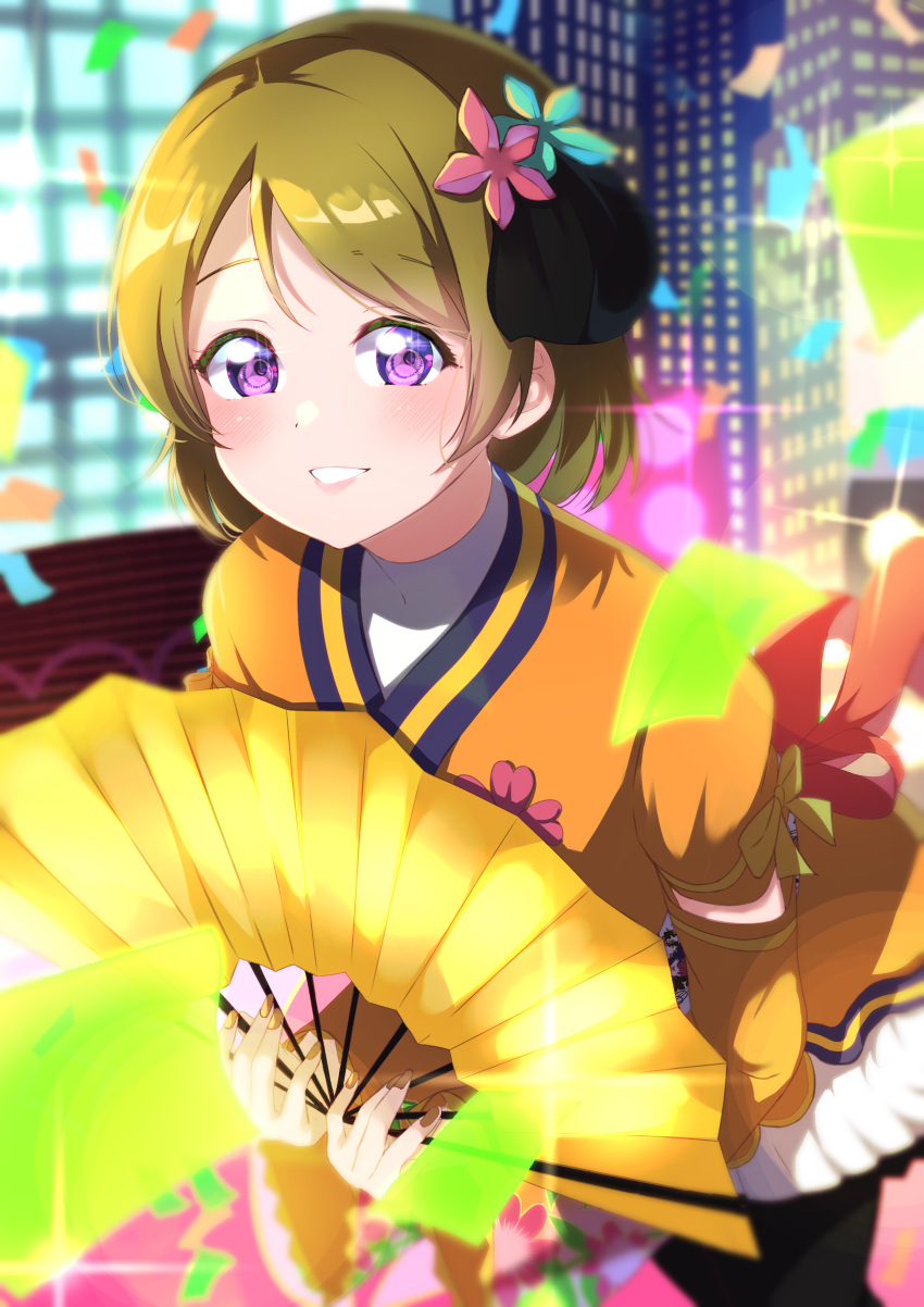 1girl absurdres angelic_angel commentary_request detached_sleeves flower hair_flower hair_ornament hand_fan highres holding holding_fan japanese_clothes kimono koizumi_hanayo light_brown_hair long_sleeves looking_at_viewer love_live! nail_polish orange_kimono parted_lips short_hair short_kimono smile solo sophiaenju violet_eyes wide_sleeves yellow_nails