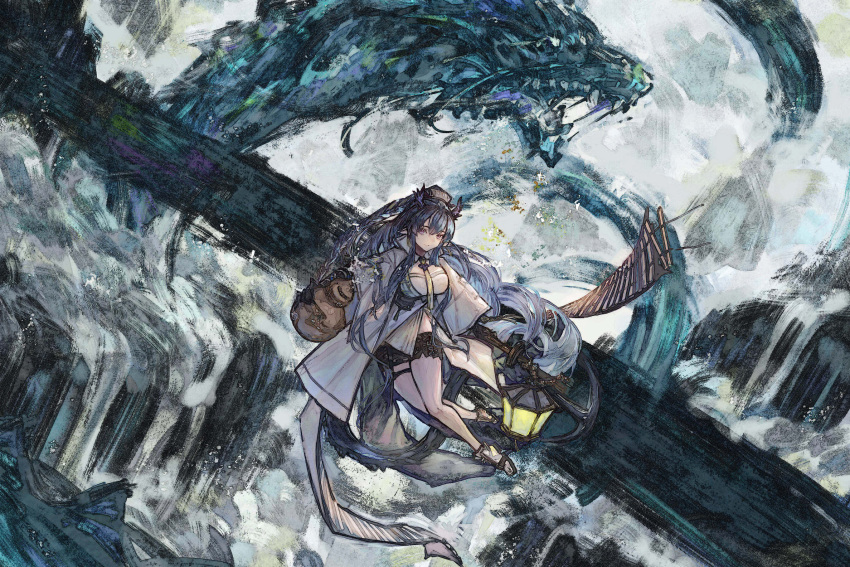 1girl absurdres ankle_boots arknights bare_shoulders black_shorts blue_hair boots braid breasts coat commentary_request dragon dragon_girl dragon_horns dragon_tail highres horns lantern large_breasts ling_(arknights) long_hair long_sleeves looking_at_viewer midair multicolored_hair necktie open_clothes open_coat parted_lips realpha shirt short_shorts shorts solo streaked_hair tail thigh_strap two-tone_hair very_long_hair water waterfall white_coat white_footwear white_hair white_shirt wide_shot wide_sleeves yellow_necktie
