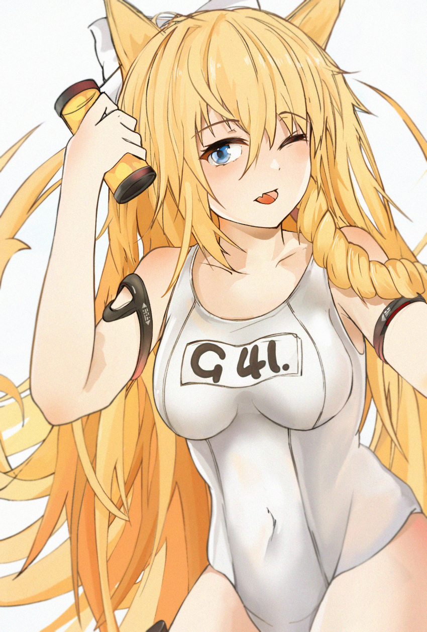 1girl animal_ears bangs blonde_hair blue_eyes blush breasts character_name collarbone competition_swimsuit covered_navel eyebrows_visible_through_hair g41_(beach_punk_2064)_(girls'_frontline) g41_(girls'_frontline) girls_frontline highres holding long_hair looking_at_viewer medium_breasts official_alternate_costume one-piece_swimsuit one_eye_closed open_mouth solo swimsuit umber00 upper_body white_background white_swimsuit
