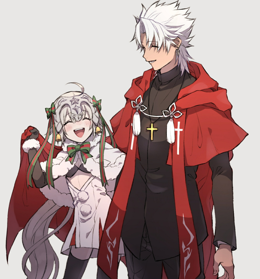 1boy 1girl ahoge amakusa_shirou_(fate) bangs cloak closed_eyes coat cross elbow_gloves eyebrows_behind_hair eyebrows_visible_through_hair fate/grand_order fate_(series) gloves hair_ribbon headpiece highres jeanne_d'arc_(fate) jeanne_d'arc_alter_santa_lily_(fate) long_hair looking_at_another necktie open_mouth ponytail ribbon santa_costume short_hair silver_hair smile thigh-highs tofu_(bean359)