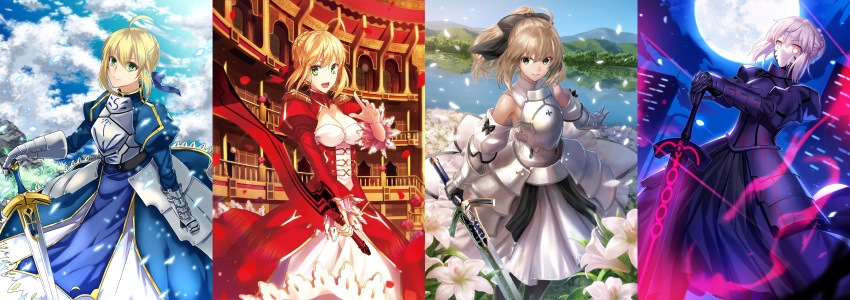 4girls absurdres aestus_estus ahoge armor armored_dress artoria_pendragon_(all) black_dress blonde_hair bow braid breastplate breasts caliburn cleavage commentary_request dark_excalibur day detached_sleeves dress dutch_angle epaulettes excalibur_morgan_(fate) eyebrows_visible_through_hair fate/extra fate/grand_order fate/stay_night fate_(series) faulds field flower flower_field french_braid from_below full_moon fuyuki_(neigedhiver) gauntlets gloves green_eyes hair_between_eyes hair_bow hair_intakes hair_ribbon hands_on_hilt highres holding holding_sword holding_weapon juliet_sleeves large_breasts long_sleeves looking_at_viewer moon nero_claudius_(fate) nero_claudius_(fate)_(all) night outdoors ponytail puffy_sleeves red_dress red_ribbon ribbon saber saber_alter saber_extra saber_lily see-through short_hair_with_long_locks sidelocks silver_hair sky smile solo standing sword takemori_shintarou weapon white_flower wide_sleeves yellow_eyes