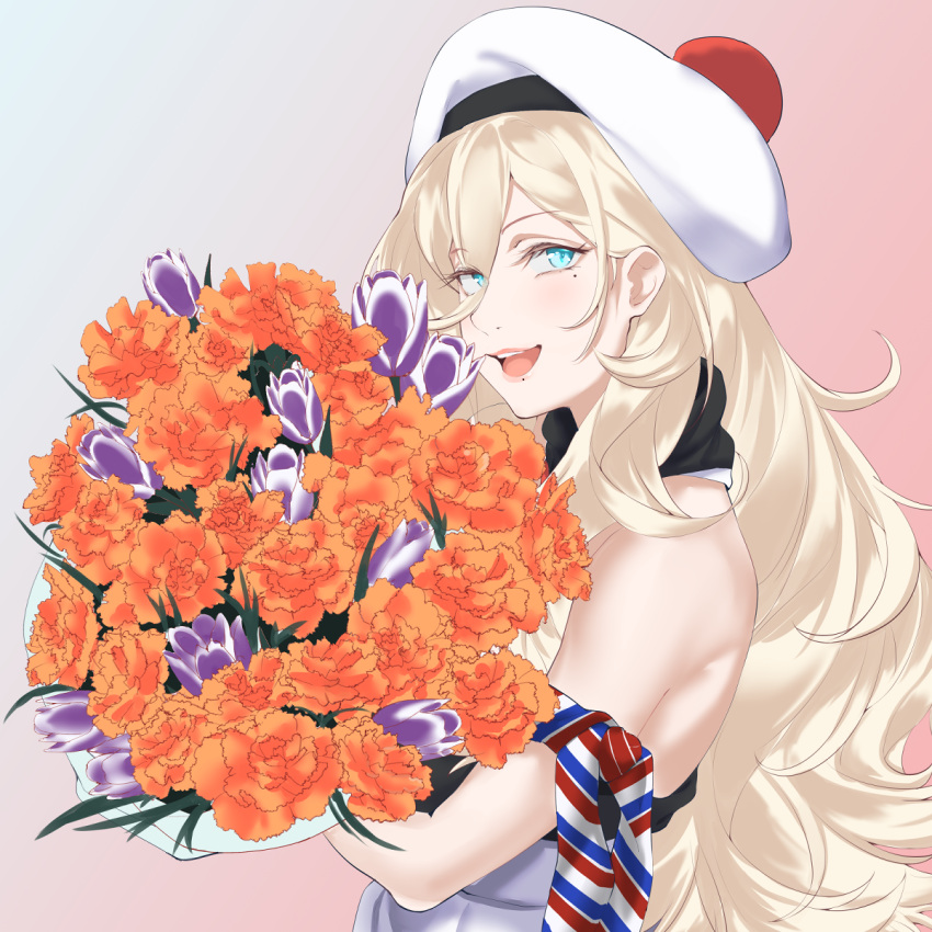 1girl beret blonde_hair blue_eyes blush bouquet dress flower gradient gradient_background hat highres holding holding_bouquet kantai_collection long_hair long_sleeves mole mole_under_eye mole_under_mouth open_mouth orange_flower pom_pom_(clothes) purple_flower richelieu_(kancolle) shingyou_(alexander-13) smile solo strapless strapless_dress upper_body white_dress white_headwear