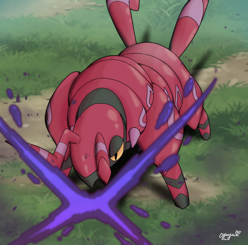 animal_focus ayuyu_lament blurry bug commentary_request grass highres no_humans pokemon pokemon_(creature) scolipede signature solo standing yellow_eyes