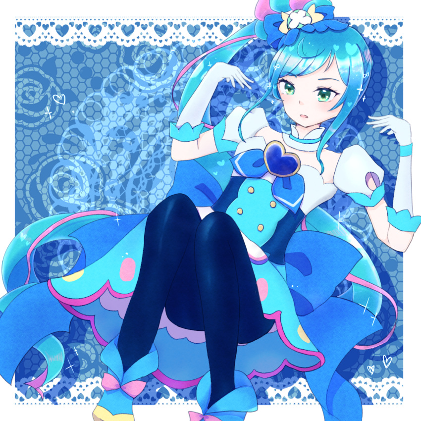 1girl :d blue_bow blue_hair blush bonnauta bow brooch cure_spicy delicious_party_precure detached_collar earrings fuwa_kokone gloves green_eyes hair_bow hair_ornament hair_rings heart heart_brooch highres jewelry long_hair looking_at_viewer magical_girl multicolored_hair open_mouth pink_hair ponytail precure puffy_sleeves smile solo two-tone_hair upper_body white_gloves