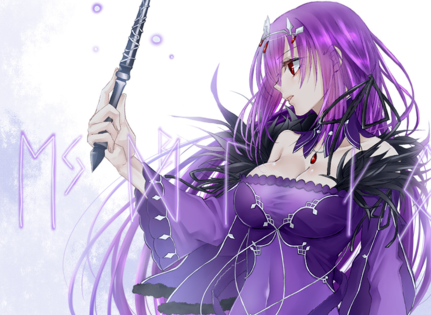 1girl absurdres breasts crossed_arms dress fate/grand_order fate_(series) fur_trim highres jewelry large_breasts long_hair mjsk pendant purple_hair red_eyes scathach_(fate)_(all) scathach_skadi_(fate/grand_order) tiara wand
