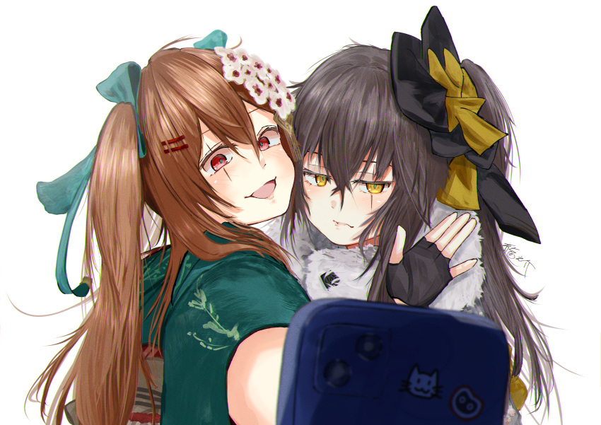 2girls absurdres arm_up bangs black_gloves blush bow brown_hair eyebrows_visible_through_hair fingerless_gloves flower fur-trimmed_kimono fur_trim girls_frontline gloves hair_bow hair_flower hair_ornament hair_ribbon hairclip highres holding holding_phone japanese_clothes kimono long_hair looking_at_viewer multiple_girls open_mouth phone red_eyes ribbon ryunosuke_nikaido scar scar_across_eye selfie side_ponytail smile twintails ump45_(girls'_frontline) ump45_(lonely_traveler_of_eternity)_(girls'_frontline) ump9_(girls'_frontline) unhappy upper_body white_background yellow_eyes
