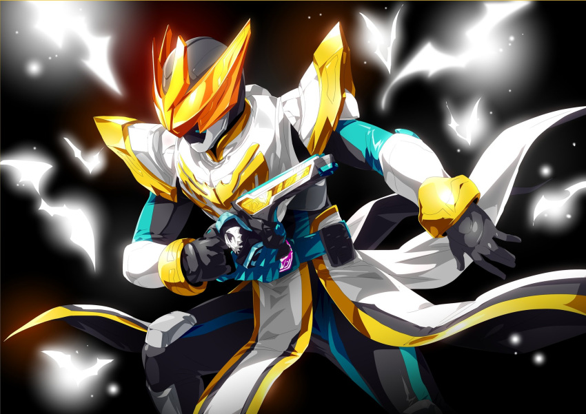 1boy bat bat_genome black_background driver gauntlets glowing gun highres holding holding_weapon kamen_rider kamen_rider_live kamen_rider_revice livegun loincloth male_focus otokamu pose rider_belt spread_legs superhero tokusatsu two_sidriver weapon white_armor