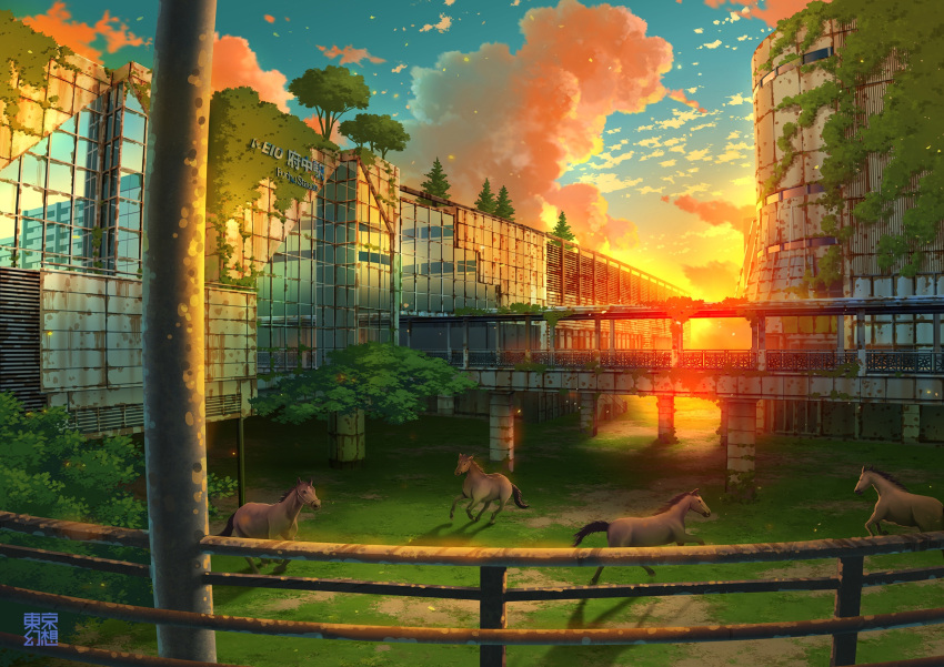 abandoned animal blue_sky building clouds cloudy_sky commentary_request grass highres horse no_humans original outdoors overgrown post-apocalypse railing ruins rust scenery sky sunset tokyogenso window