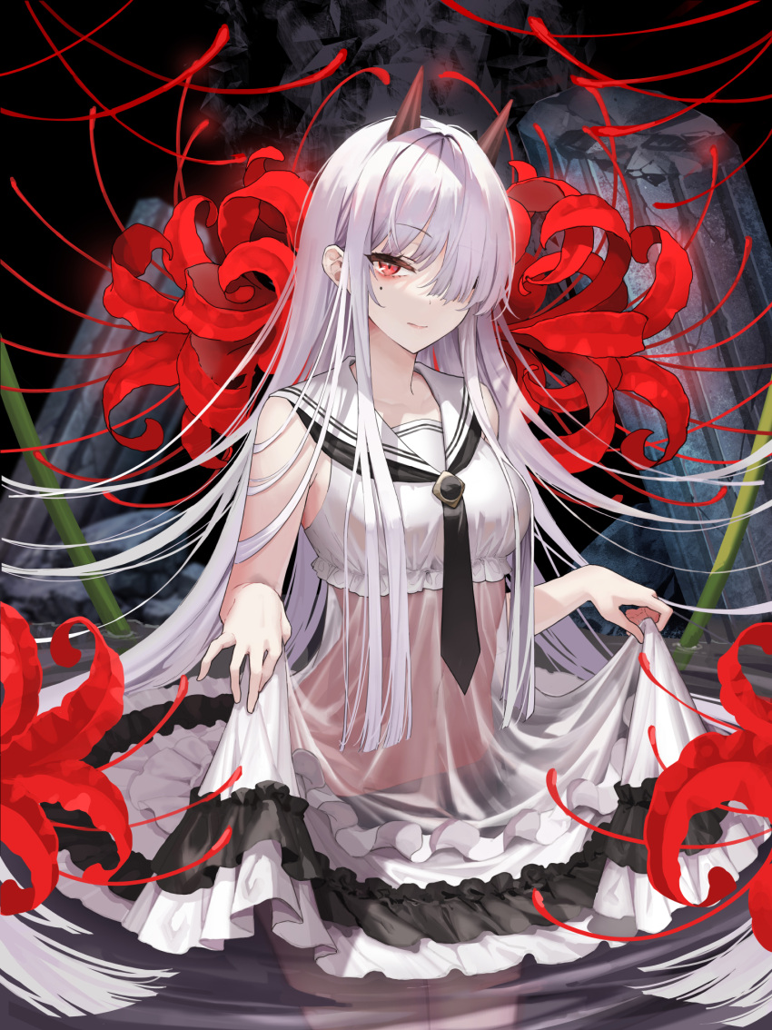 1girl bare_arms black_necktie closed_mouth commentary_request cowboy_shot crop_top flower frilled_skirt frills hair_over_one_eye highres long_hair looking_at_viewer mole mole_under_eye necktie okuma_mai original red_eyes red_flower sailor_collar see-through shirt silver_hair skirt skirt_hold solo spider_lily standing very_long_hair wading water white_sailor_collar white_shirt