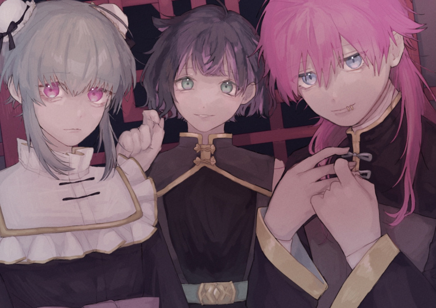 3boys akuma_shitsuji_to_kuroi_neko black_hair blue_hair chiya_noki crossdressing flure_garcia green_eyes highres lamli_bennett lato_bacca lip_piercing looking_at_viewer multicolored_hair multiple_boys otoko_no_ko pale_skin piercing pink_hair violet_eyes