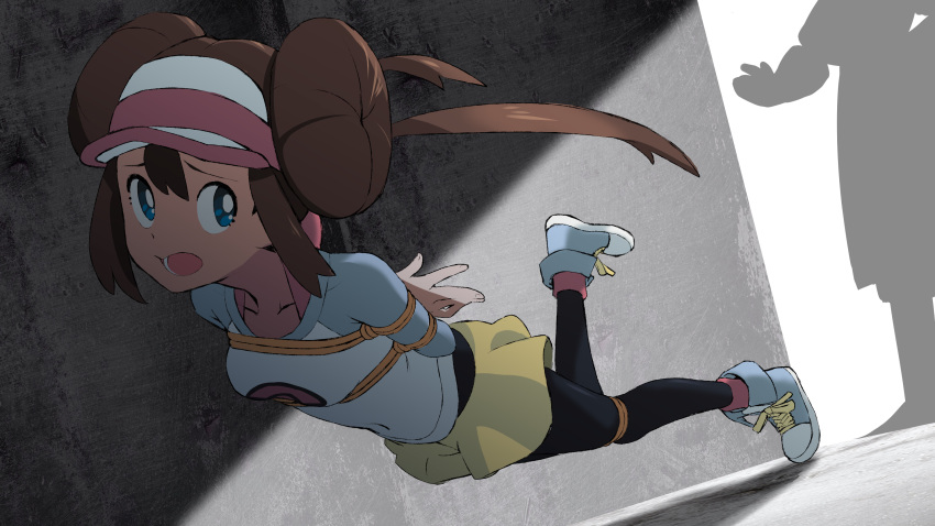 1girl absurdres bangs black_legwear blue_eyes bound bow breasts bright_pupils brown_hair chimu_xingcheng commentary_request double_bun falling floating_hair highres indoors leg_up legwear_under_shorts long_hair looking_back lower_teeth open_mouth pantyhose pink_bow pokemon pokemon_(game) pokemon_bw2 raglan_sleeves raised_eyebrows rosa_(pokemon) shirt shoes short_shorts shorts sneakers teeth tied_up_(nonsexual) tongue twintails visor_cap white_pupils yellow_shorts