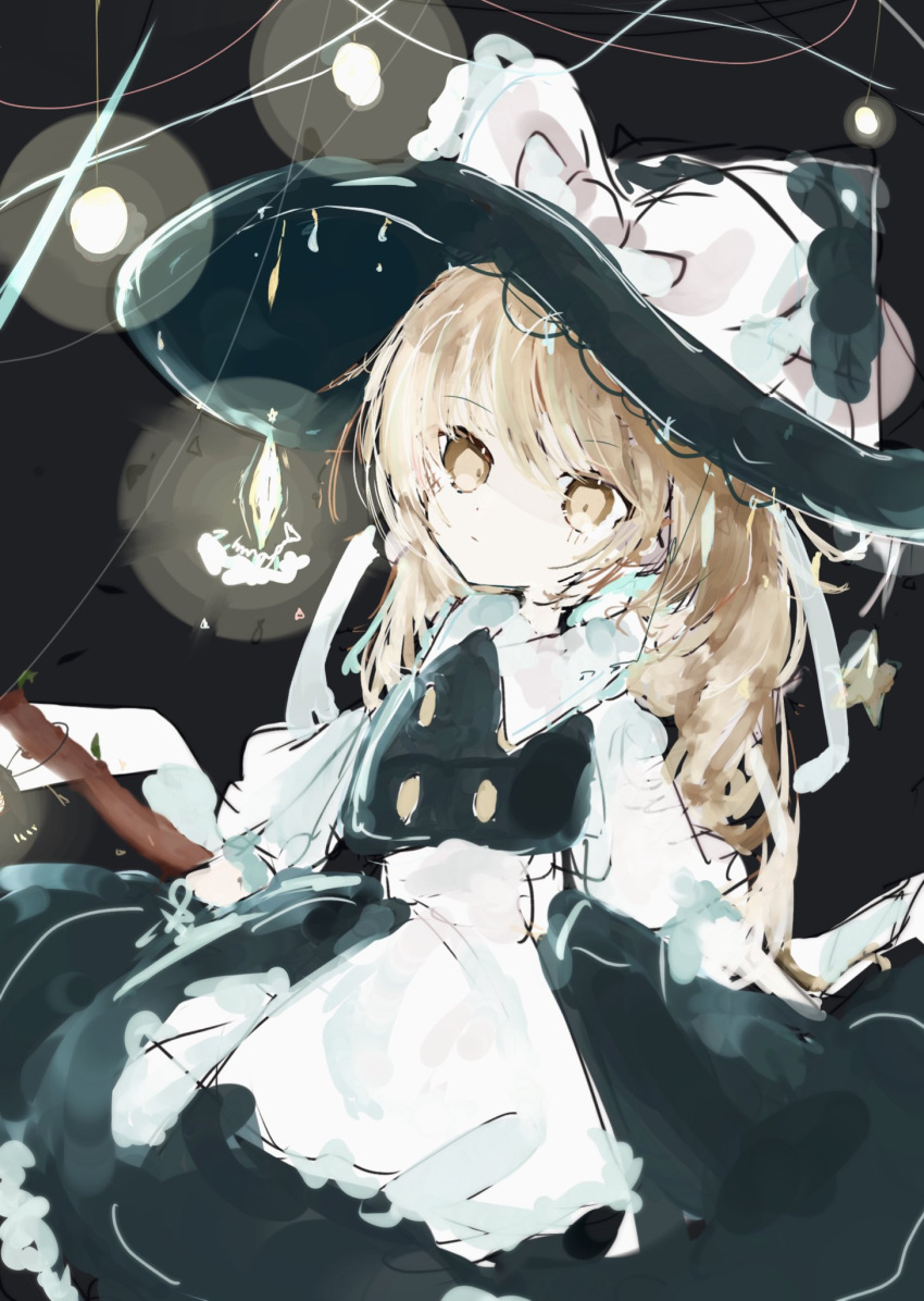 1girl apron bangs black_background black_headwear black_skirt black_vest blonde_hair blush bow broom buttons closed_mouth collared_shirt expressionless eyebrows_visible_through_hair frilled_bow frilled_skirt frills hat hat_bow highres kirisame_marisa kureha_ki908 long_hair long_sleeves looking_at_viewer shirt simple_background skirt skirt_set solo symbol-only_commentary touhou vest waist_apron white_background white_bow white_shirt witch_hat yellow_eyes