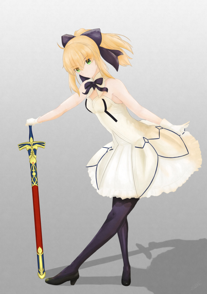 1girl artoria_pendragon_(all) black_bow blonde_hair bow breastplate caliburn dress eyebrows_visible_through_hair fate/grand_order fate/unlimited_codes fate_(series) faulds floating_hair gauntlets green_eyes hair_between_eyes hair_bow highres long_hair looking_at_viewer outdoors petals ponytail s3tsu saber_lily signature sleeveless sleeveless_dress solo standing sword weapon white_dress