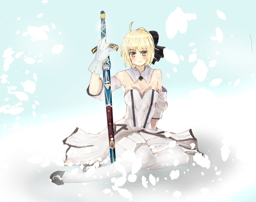 1girl artoria_pendragon_(all) black_bow blonde_hair bow breastplate caliburn dress eyebrows_visible_through_hair fate/grand_order fate/unlimited_codes fate_(series) faulds floating_hair gauntlets green_eyes hair_between_eyes hair_bow highres kisaragimion long_hair looking_at_viewer outdoors petals ponytail saber_lily signature sleeveless sleeveless_dress solo standing sword weapon white_dress