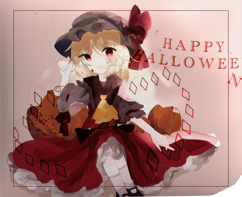 1girl ascot back_bow bangs black_bow black_footwear blonde_hair blood bow commentary_request crystal flandre_scarlet frilled_shirt frilled_shirt_collar frilled_skirt frilled_sleeves frills happy_halloween hat hat_ribbon highres kureha_ki908 mary_janes mob_cap open_mouth puffy_short_sleeves puffy_sleeves pumpkin red_bow red_eyes red_ribbon red_skirt red_vest ribbon shirt shoes short_hair short_sleeves skirt smile socks solo touhou vest wavy_hair white_legwear white_shirt yellow_ascot
