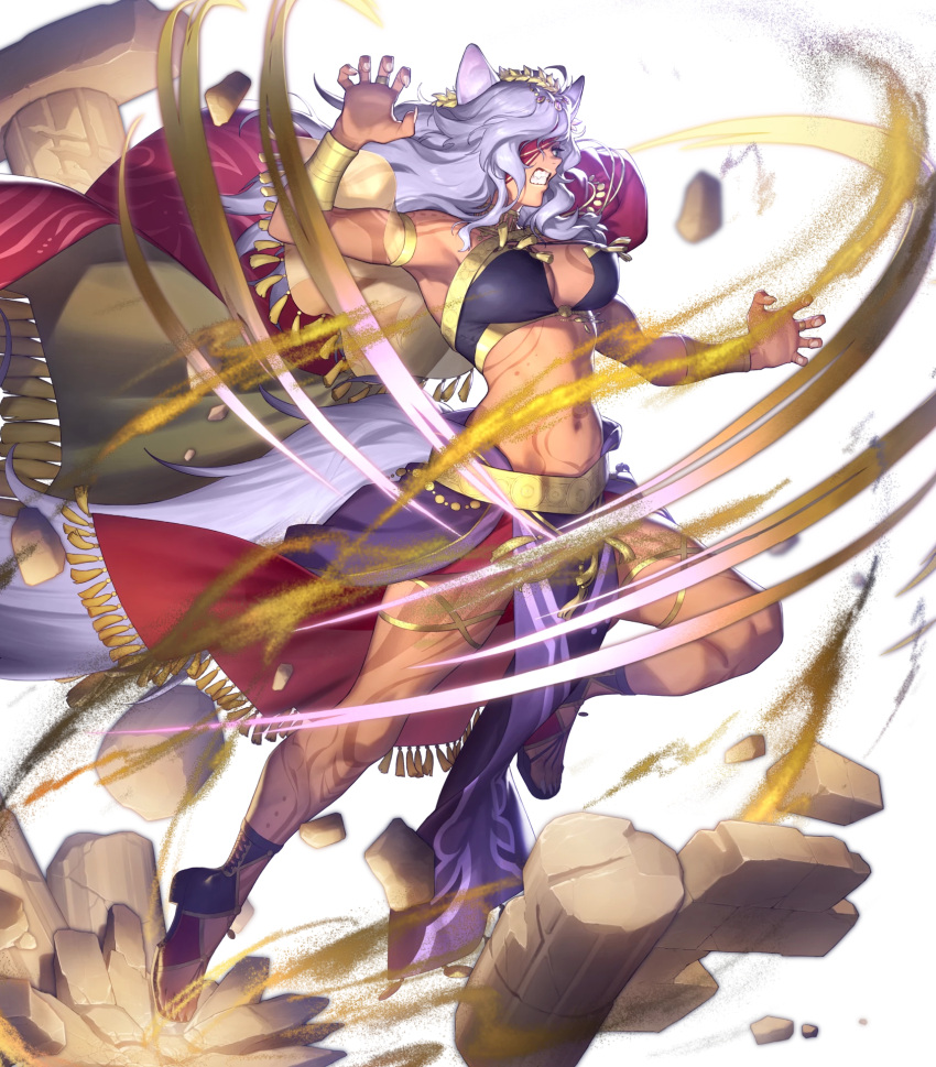1girl animal_ears azusa_(hws) bangs bracelet breasts cane cape dark-skinned_female dark_skin eyepatch fingernails fire_emblem fire_emblem:_radiant_dawn fire_emblem_heroes full_body gold_trim green_eyes hand_up highres jewelry long_hair medium_breasts midriff nailah_(fire_emblem) navel non-web_source official_art solo tail tattoo toeless_footwear toes violet_eyes white_background wolf_ears wolf_tail