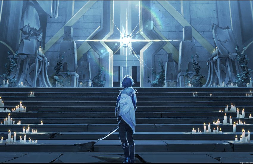 1boy bangs cape from_behind fur_scarf genshin_impact highres holding holding_sword holding_weapon kaeya_(genshin_impact) kukatsuma light shiny short_hair solo stairs standing sword weapon