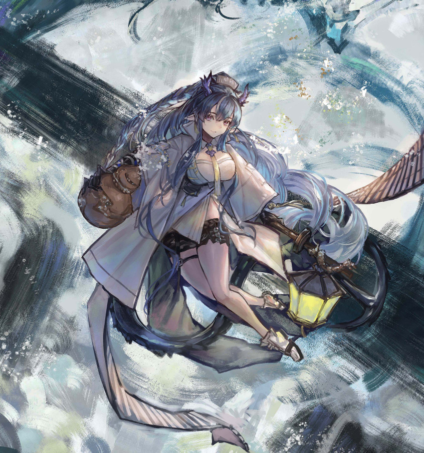 1girl absurdres ankle_boots arknights bare_shoulders black_shorts blue_hair boots braid breasts close-up coat commentary_request dragon dragon_girl dragon_horns dragon_tail highres horns lantern large_breasts ling_(arknights) long_hair long_sleeves looking_at_viewer midair multicolored_hair necktie open_clothes open_coat parted_lips realpha shirt short_shorts shorts solo streaked_hair tail thigh_strap two-tone_hair very_long_hair water waterfall white_coat white_footwear white_hair white_shirt wide_shot wide_sleeves yellow_necktie