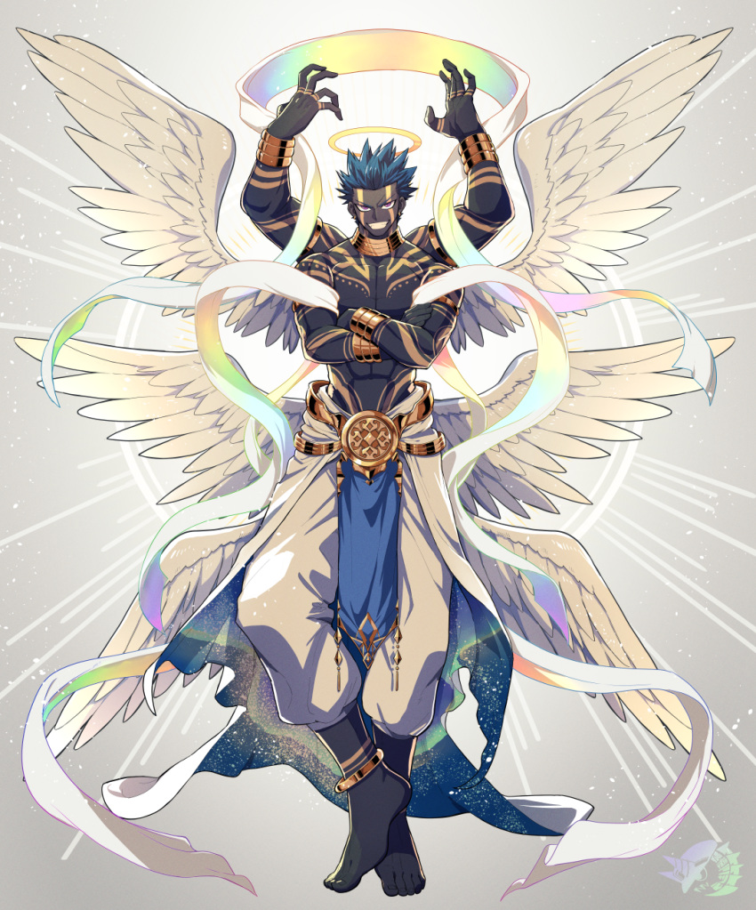 1boy abs anklet armlet arms_up black_skin blazbluefairy bracelet colored_skin commission crossed_arms extra_arms feathered_wings full_body grin highres jewelry looking_at_viewer original pants scarf smile solo tattoo toned toned_male white_pants white_wings wings