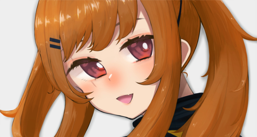 1girl :d brown_hair close-up commentary face fang girls_frontline grey_background hair_ornament hairclip long_hair looking_at_viewer open_mouth palaiva_0118 red_eyes sidelocks simple_background skin_fang smile solo twintails ump9_(girls'_frontline)