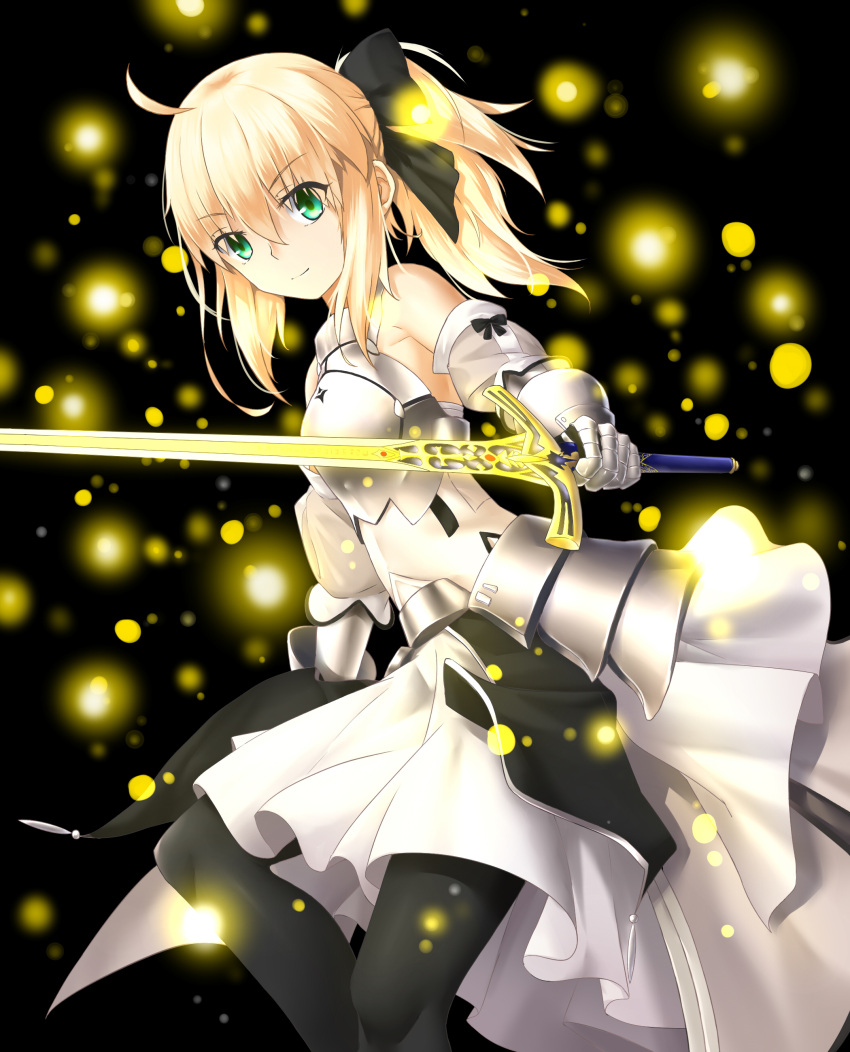 1girl artoria_pendragon_(all) black_bow blonde_hair bow breastplate caliburn dress eyebrows_visible_through_hair fate/grand_order fate/unlimited_codes fate_(series) faulds floating_hair gauntlets green_eyes gst hair_between_eyes hair_bow highres long_hair looking_at_viewer outdoors petals ponytail saber_lily signature sleeveless sleeveless_dress solo standing sword weapon white_dress