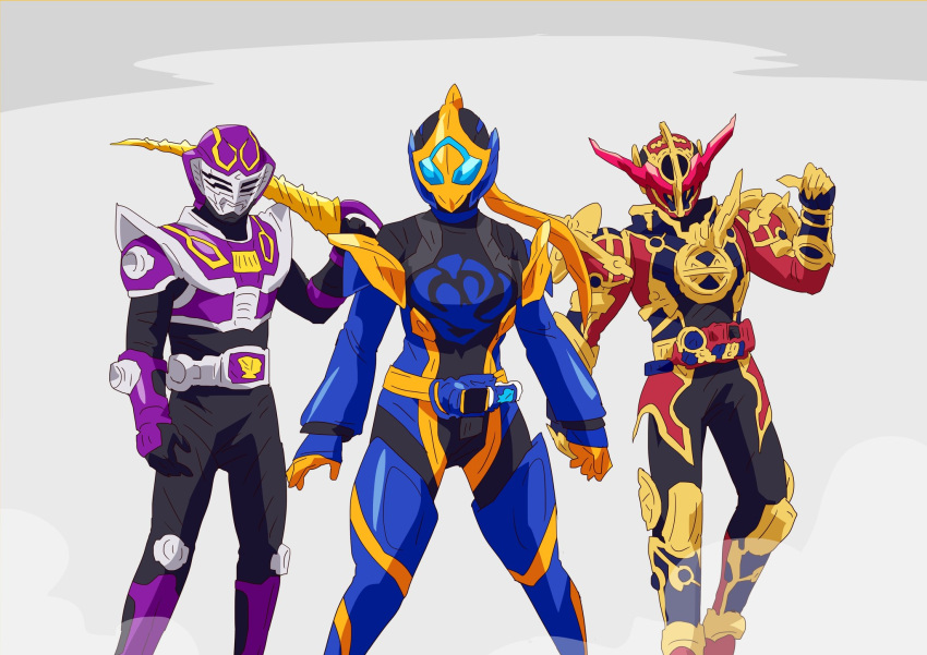 1girl 2boys blue_eyes cobra_(animal) evol_driver gloves highres holding holding_weapon instrument kamen_rider kamen_rider_build_(series) kamen_rider_evol kamen_rider_jeanne kamen_rider_ouja kamen_rider_revice kamen_rider_ryuki_(series) libera_driver multiple_boys orange_armor orange_gloves otokamu purple_armor red_armor staff sword trait_connection venosaber weapon