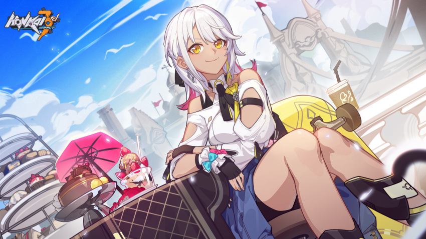 1girl bangs bare_shoulders black_gloves blue_jacket blue_sky cake cake_slice carole_peppers chair closed_mouth clothes_around_waist clouds cloudy_sky coffee_cup cup dark-skinned_female dark_skin disposable_cup drinking_straw earrings fingerless_gloves food gloves highres honkai_(series) honkai_impact_3rd ice_cream jacket jacket_around_waist jewelry looking_at_viewer medium_hair official_art outdoors shirt sitting skateboard sky smile solo table umbrella white_hair white_shirt yellow_eyes