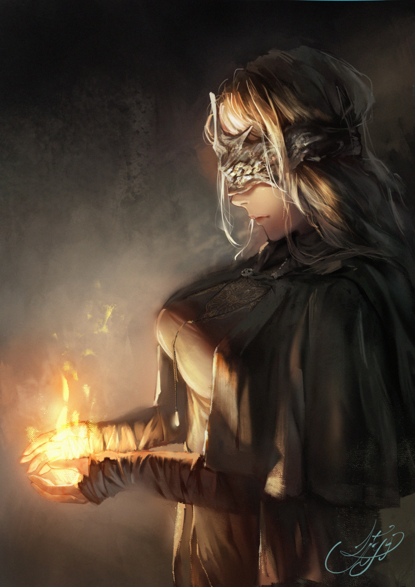 1girl akazukinchantaberu bandaged_arm bandages black_capelet black_dress blindfold blonde_hair breasts capelet closed_mouth commentary_request covered_eyes dark_souls_(series) dark_souls_iii dress expressionless fire fire_keeper flame from_side highres jewelry large_breasts lips long_hair mask masked necklace pink_lips signature solo upper_body
