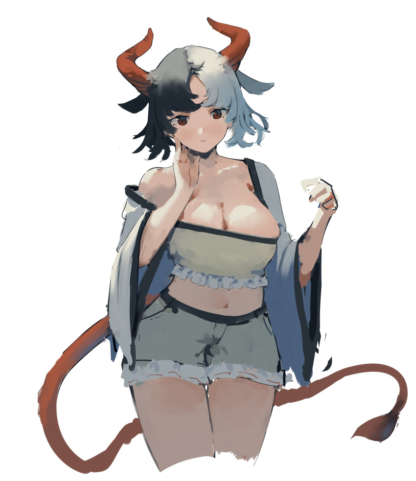 1girl absurdres animal_ears animal_print bangs breasts cow_ears cow_girl cow_horns cow_print cow_tail crop_top frilled_shorts frilled_skirt frills grey_hair haori highres horns japanese_clothes large_breasts midriff multicolored_hair navel parted_bangs red_horns red_tail sancking_(fatekl) short_hair shorts simple_background skirt stomach tail tank_top touhou two-tone_hair ushizaki_urumi white_background wide_sleeves yellow_shorts yellow_tank_top