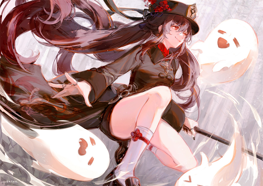 1girl artist_name bangs black_footwear black_nails brown_coat brown_hair coat coattails flower genshin_impact ghost hat hat_flower holding holding_polearm holding_weapon hu_tao_(genshin_impact) jewelry keiuu kneehighs long_hair looking_ahead nail_polish one_knee outstretched_hand plum_blossoms polearm porkpie_hat red_eyes ring shoes sidelocks signature smile solo twintails very_long_hair weapon white_legwear